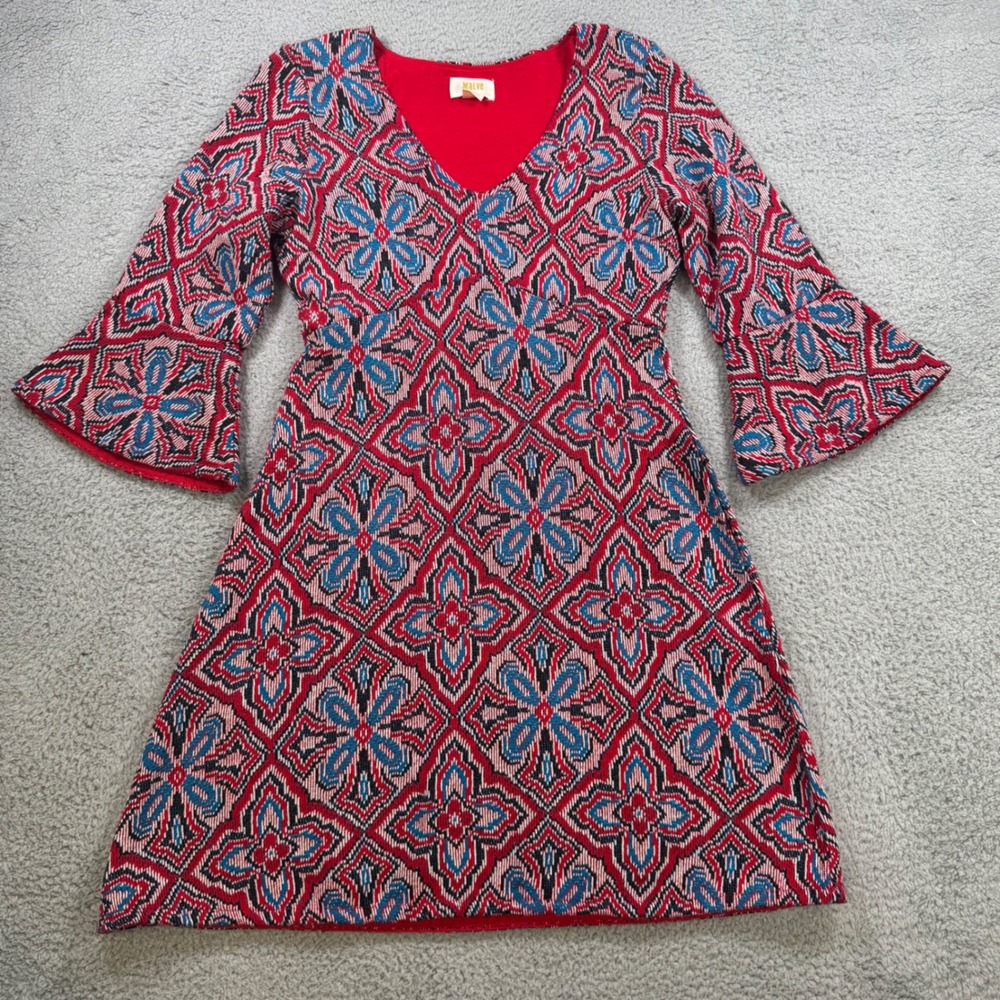 Maeve Anthropologie Red Blue Geometric Bell Sleeve V Neck Mini Dress‎ Small